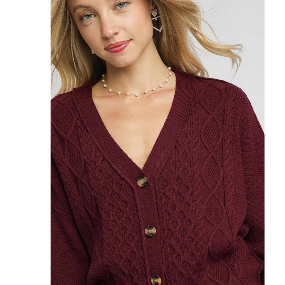Umgee Cable Knit V-Neck Cardigan Sweater - Burgundy